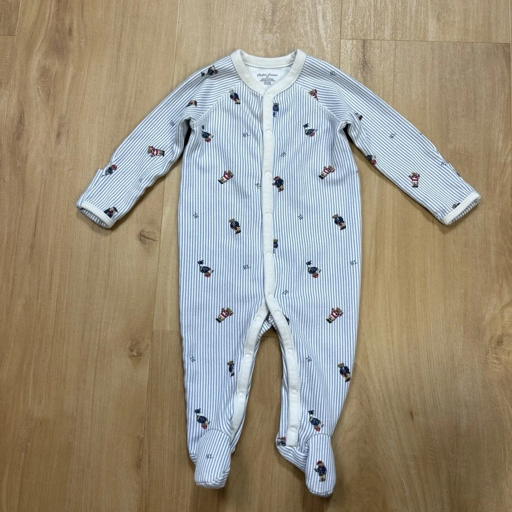 Ralph Lauren Baby Sleeper Blue Stripe Polo Bear Footed Pajamas Cotton 6M